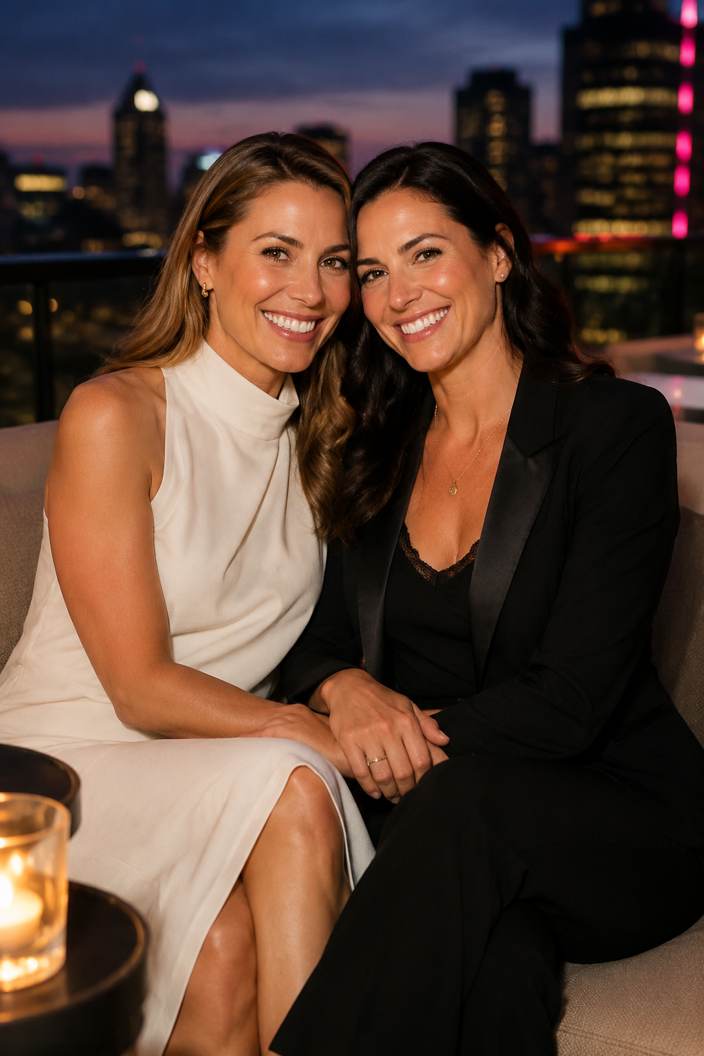 A happy same-sex couple enjoying an evening together