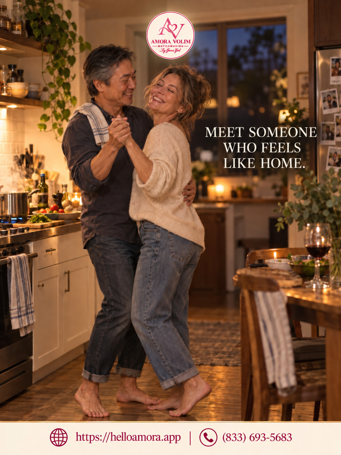 A happy mature couple dancing together at home with Date to Diamond Elite Matchmaking contact information